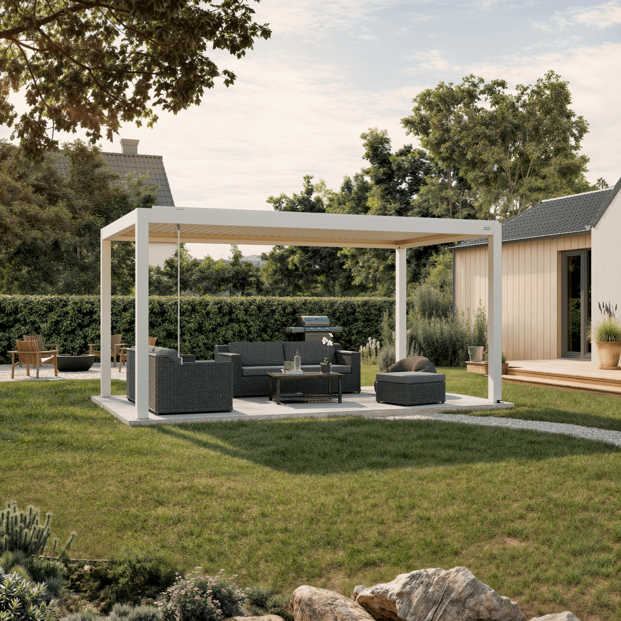 Freestanding louvered pergola with lounge set