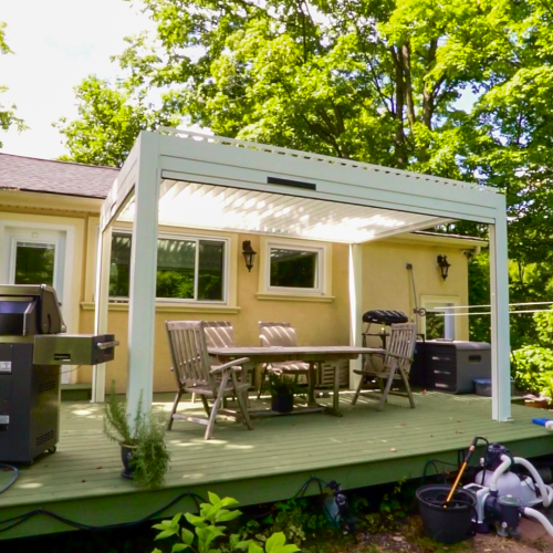 Poolside Patio in White — louvered pergola project