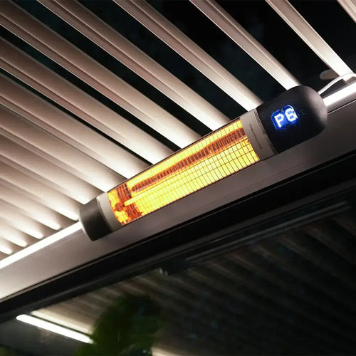 Infrared heater mounted in the roof frame of a louvered pergola