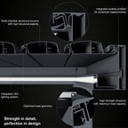 Cross-section of the louvered pergola roof — multi-chamber aluminum louvers, integrated seals and LED lighting