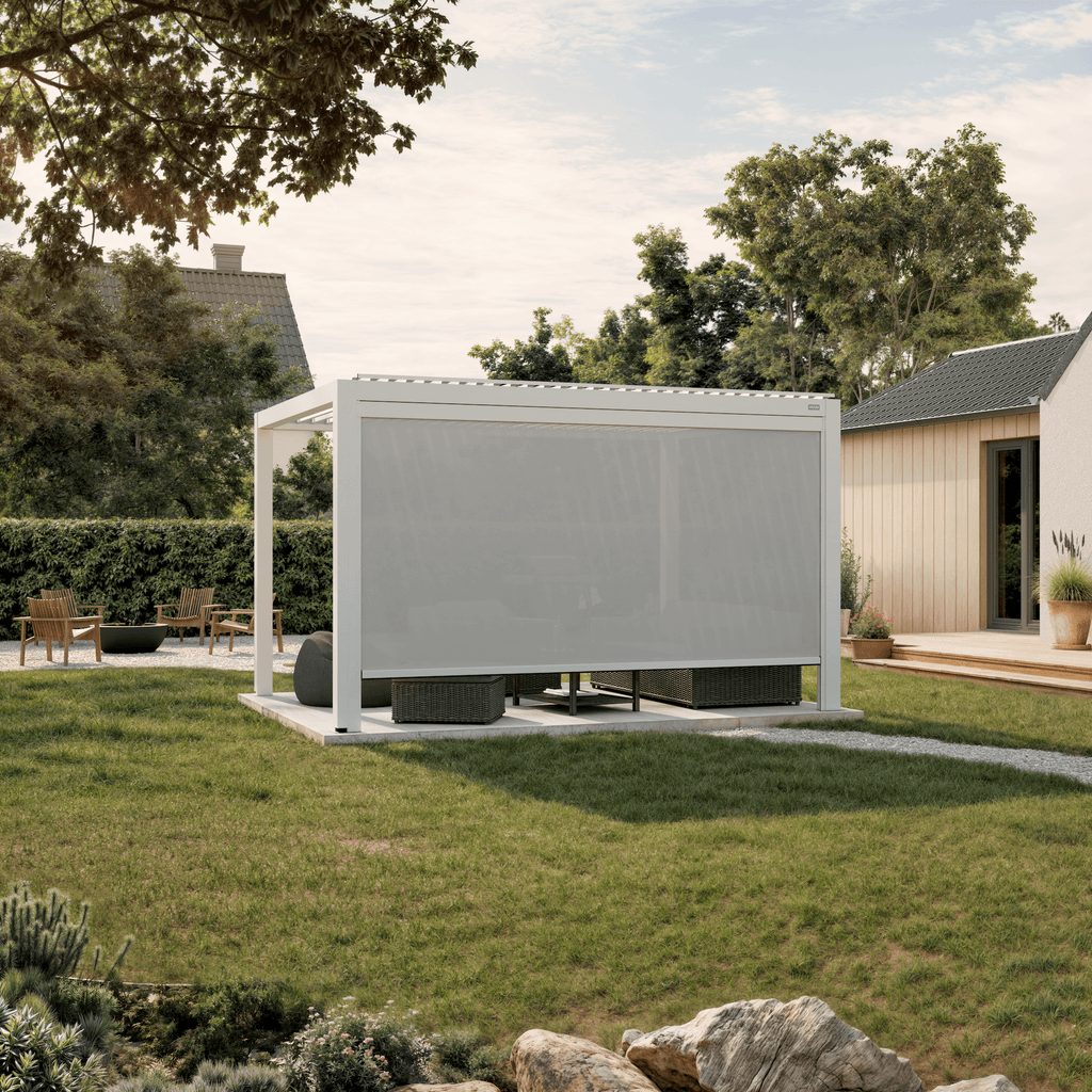 Manual retractable side screen, 13' in white, on an aluminum pergola