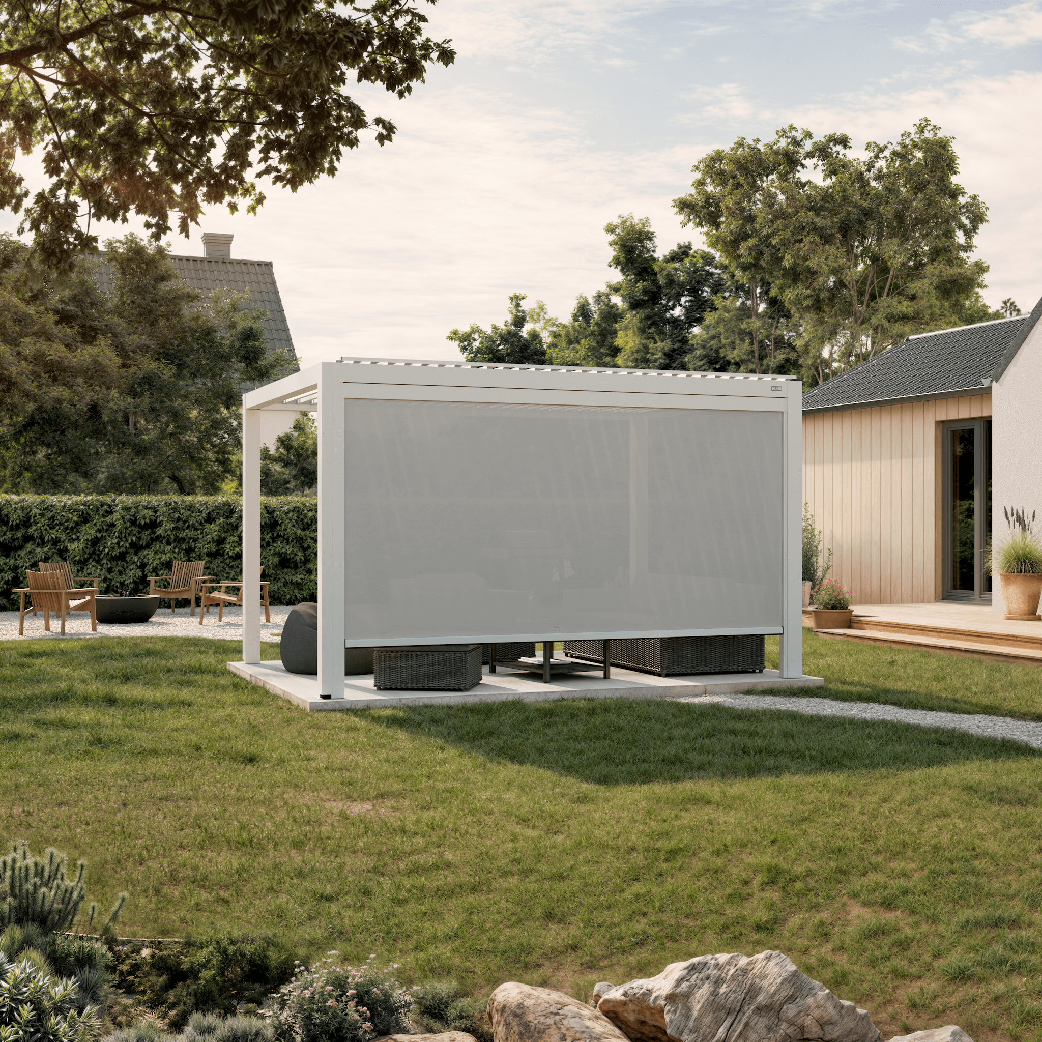 Manual retractable side screen, 13' in white, on an aluminum pergola