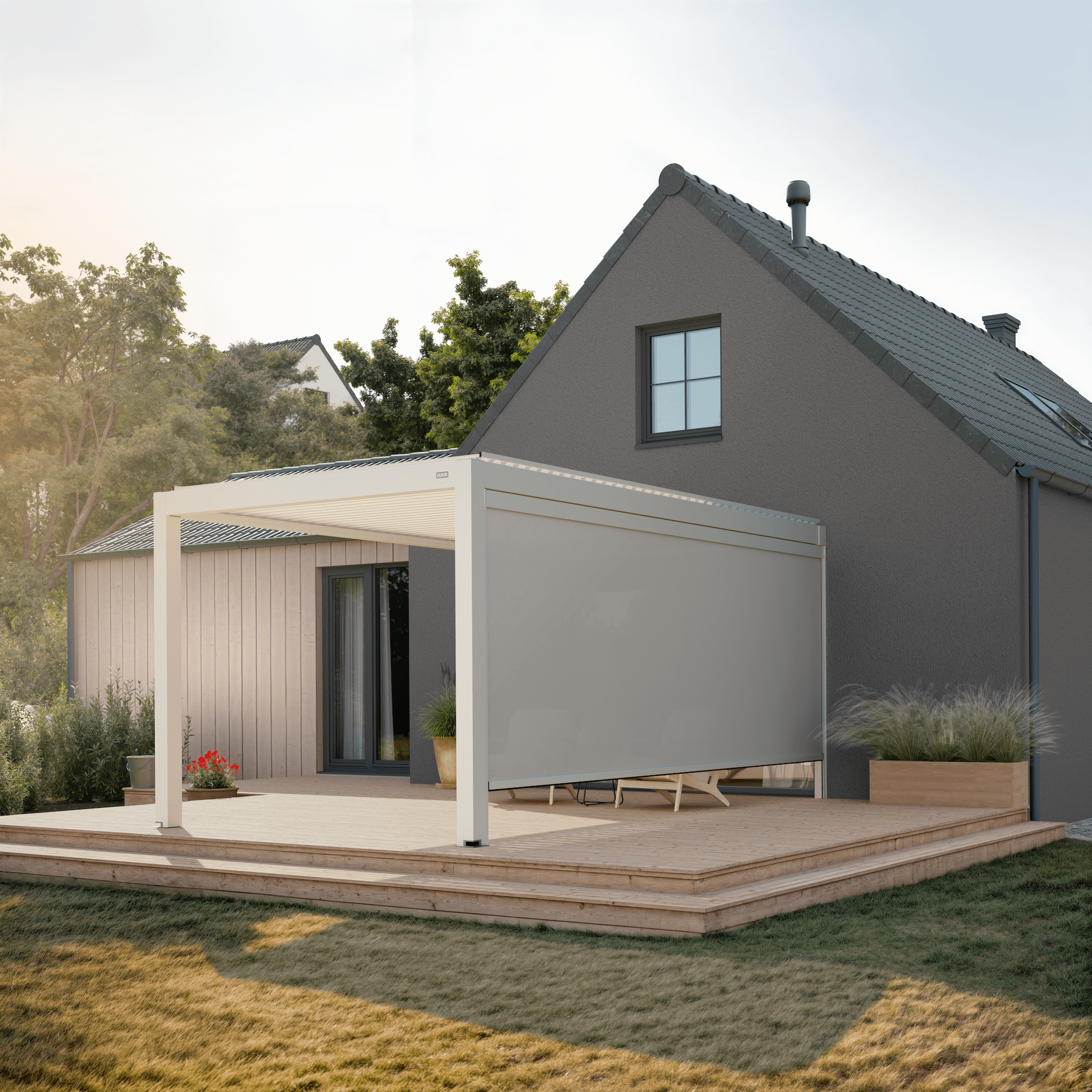 Manual retractable side screen, 16' in white, on an aluminum pergola