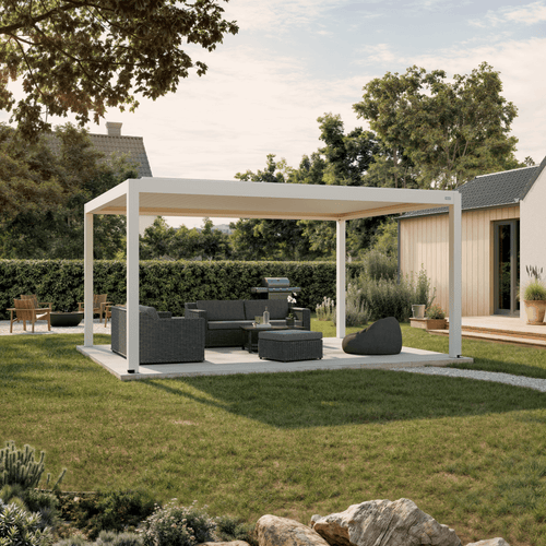 Pergola Equa — white 13' × 16' aluminum louvered pergola, freestanding