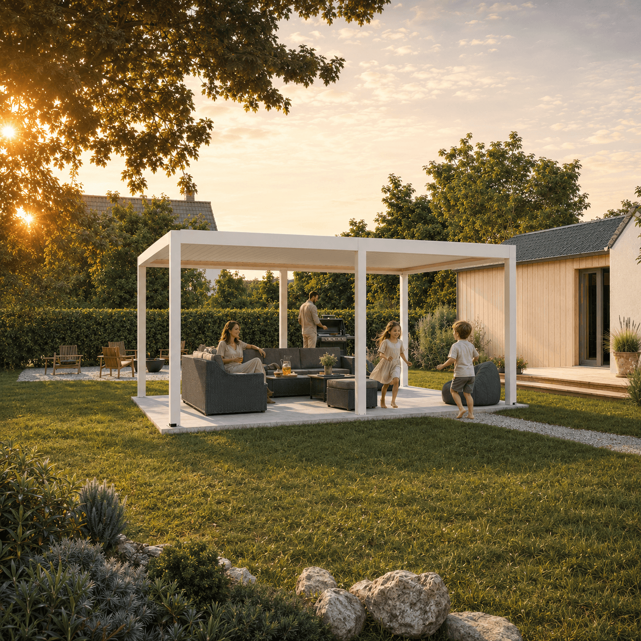 Family under a white pergola at sunset