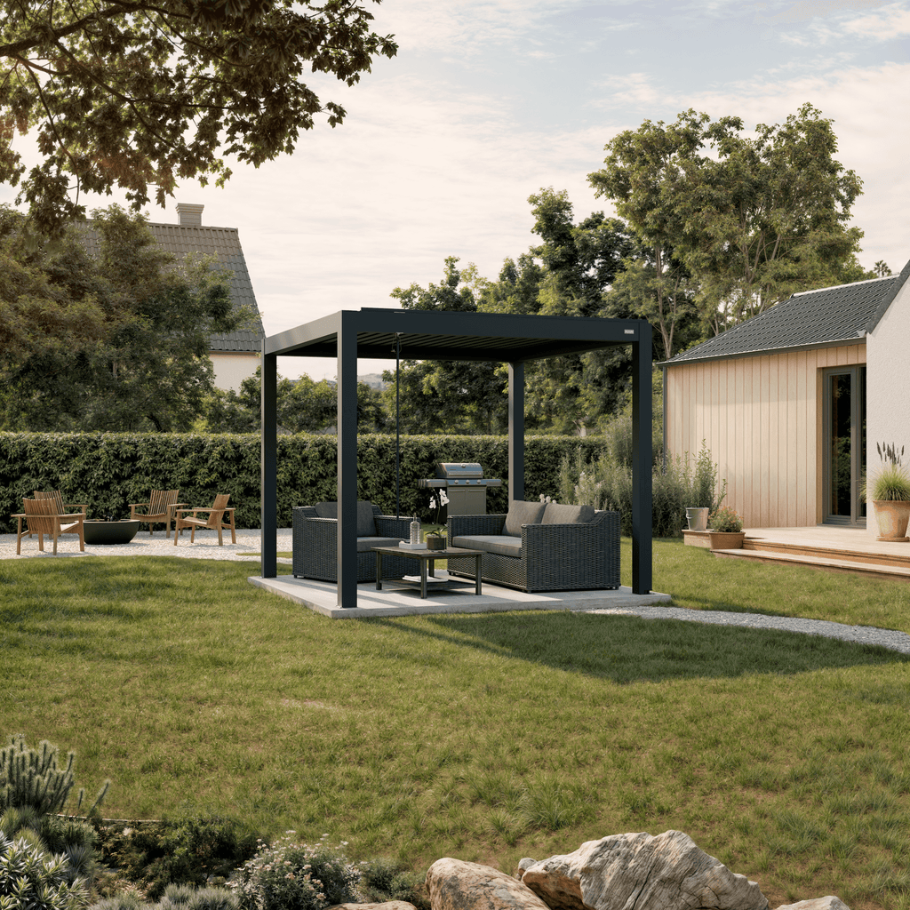 Pergola Piano — anthracite 10' × 10' aluminum louvered pergola, freestanding