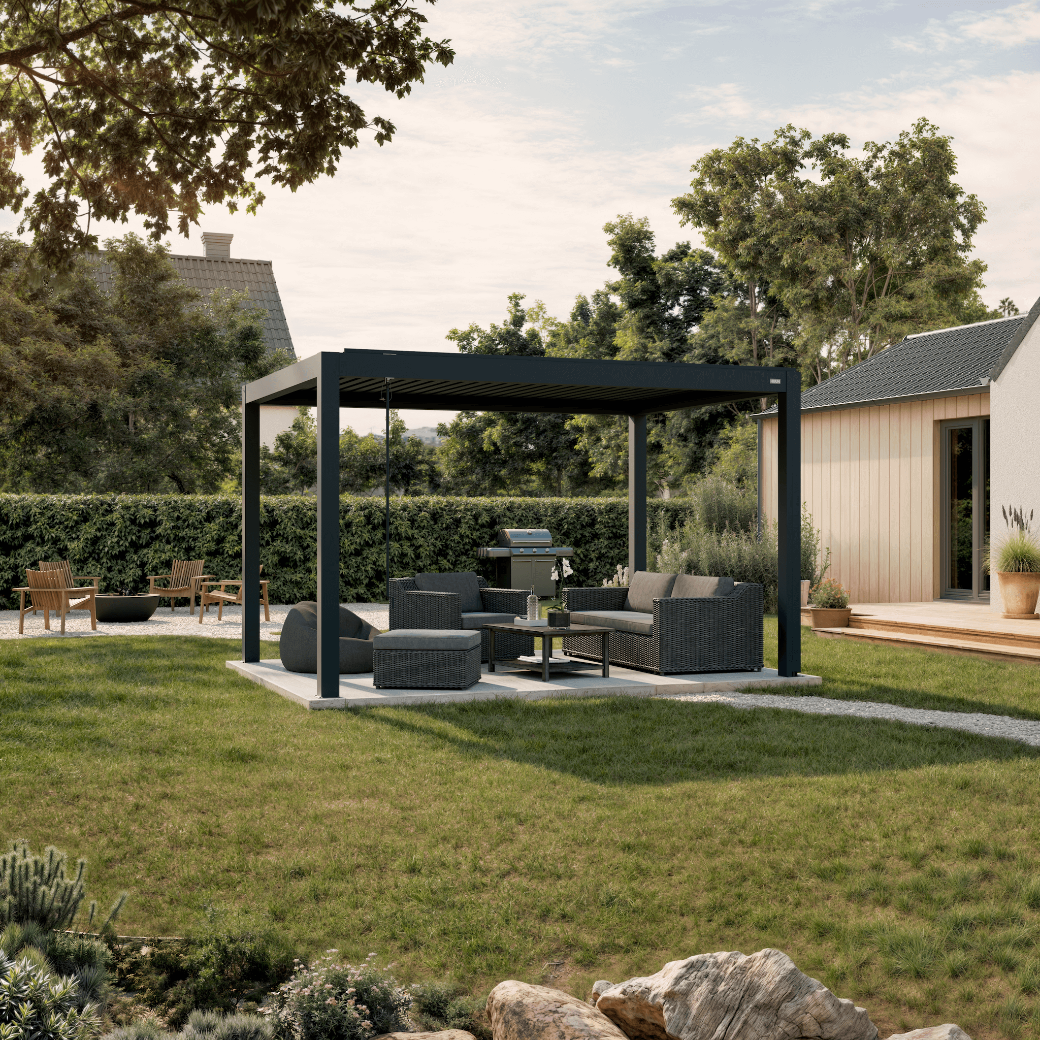 Pergola Piano — anthracite 10' × 13' aluminum louvered pergola, freestanding