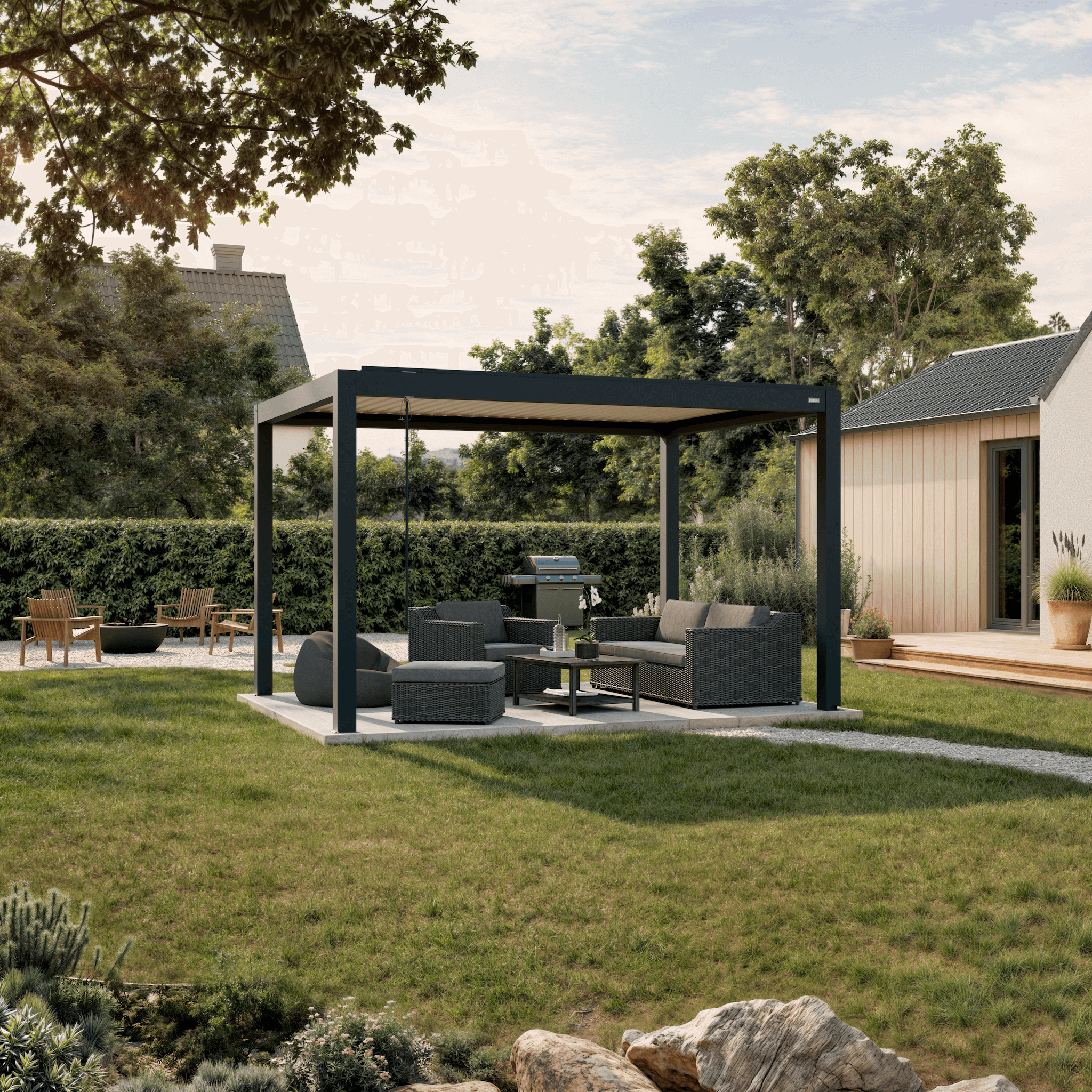 Pergola Piano — anthracite with white louvers 10' × 13' aluminum louvered pergola, freestanding