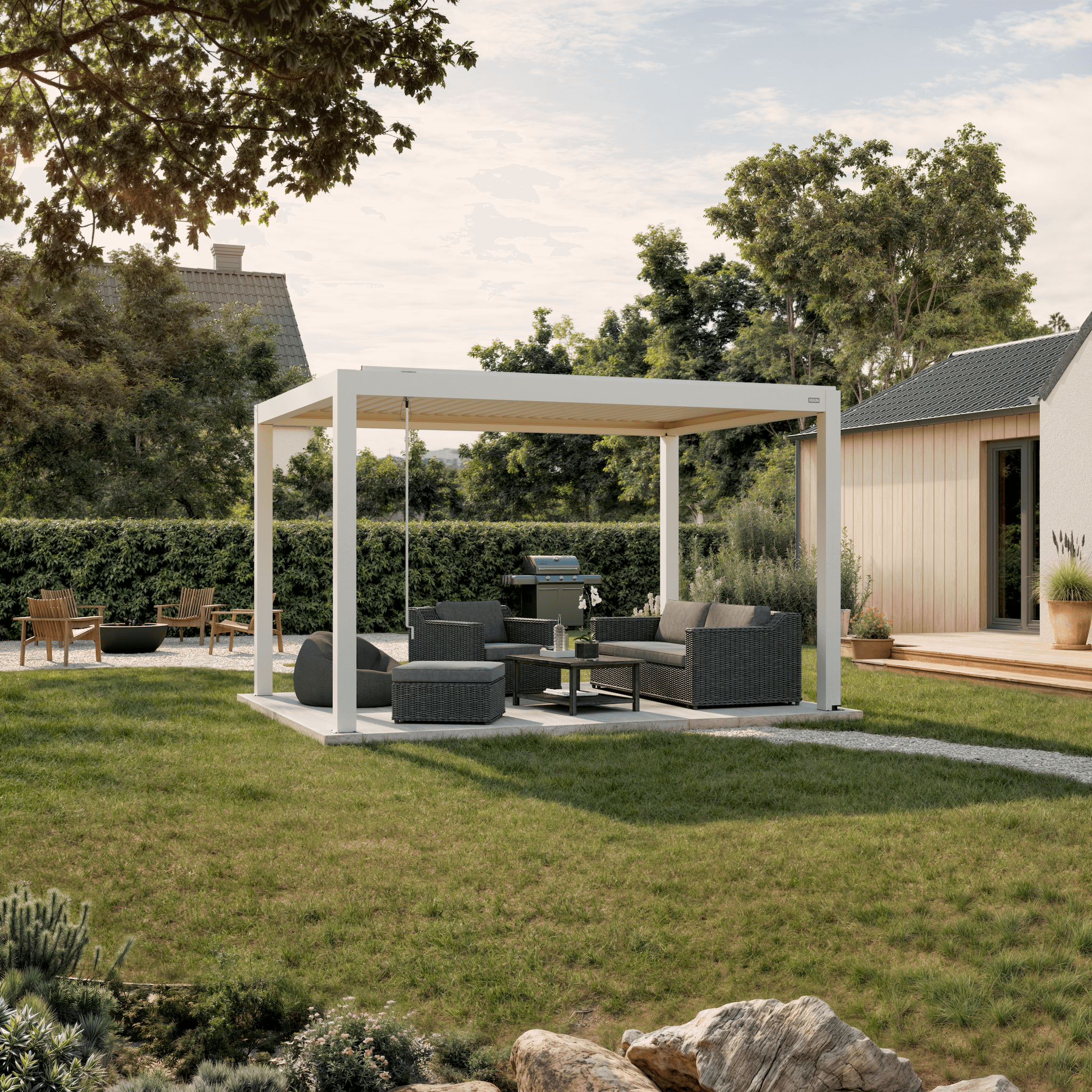 Pergola Piano — white 10' × 13' aluminum louvered pergola, freestanding