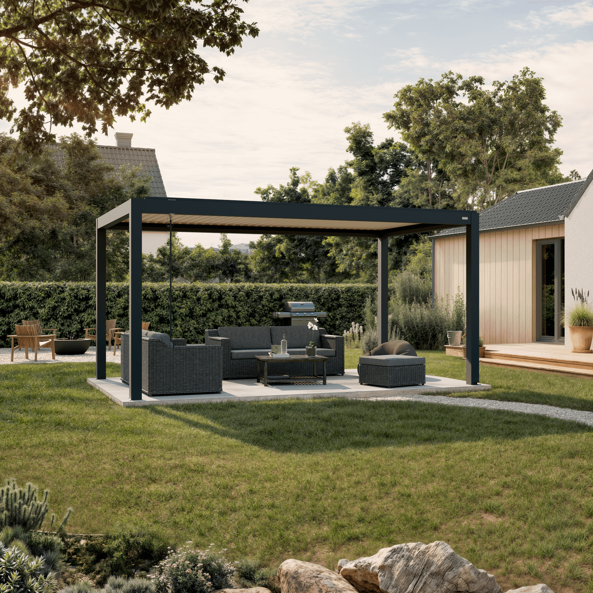Pergola Piano — anthracite with white louvers 10' × 16' aluminum louvered pergola, freestanding