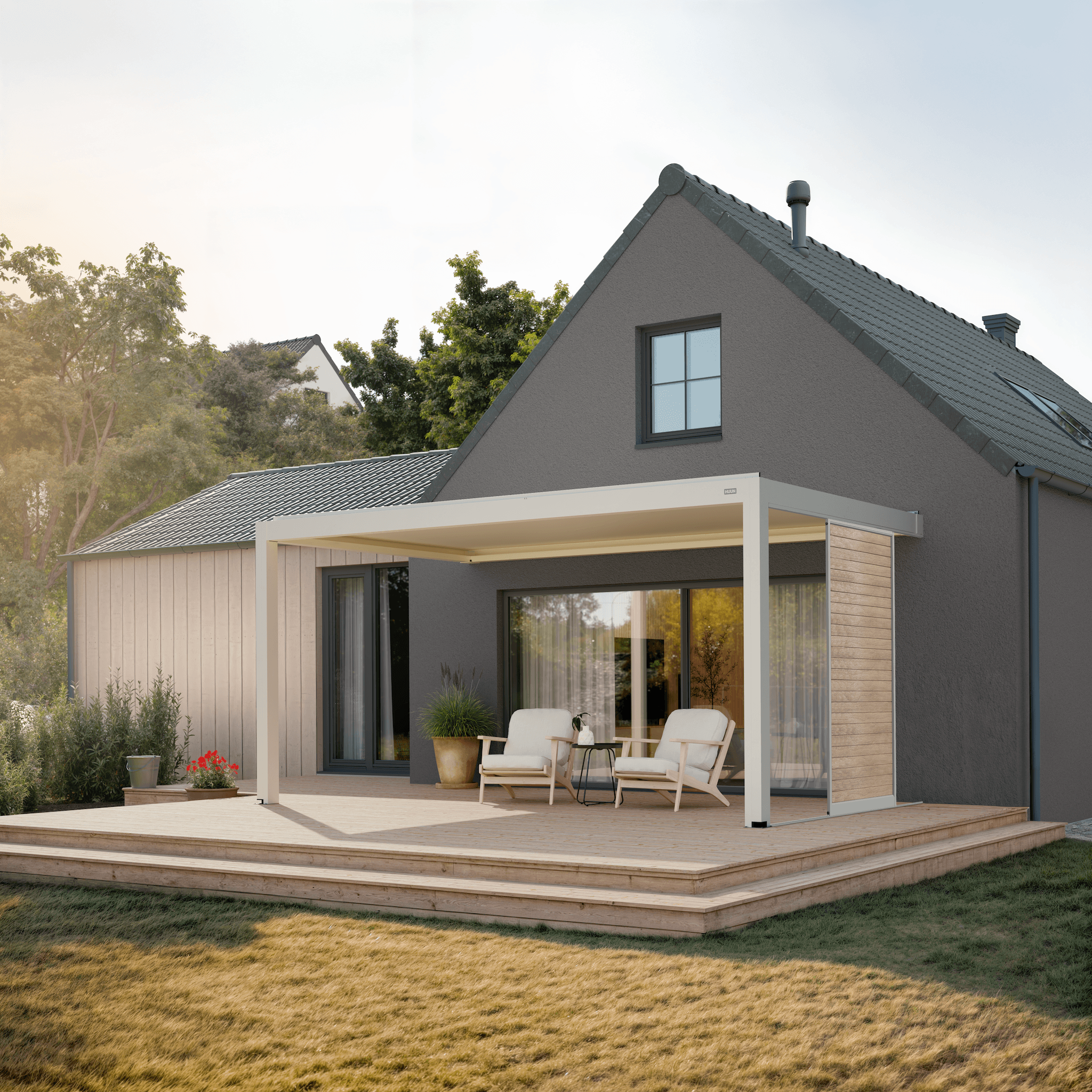 White wall-mounted 10' × 16' pergola with wood-look sliding shutter