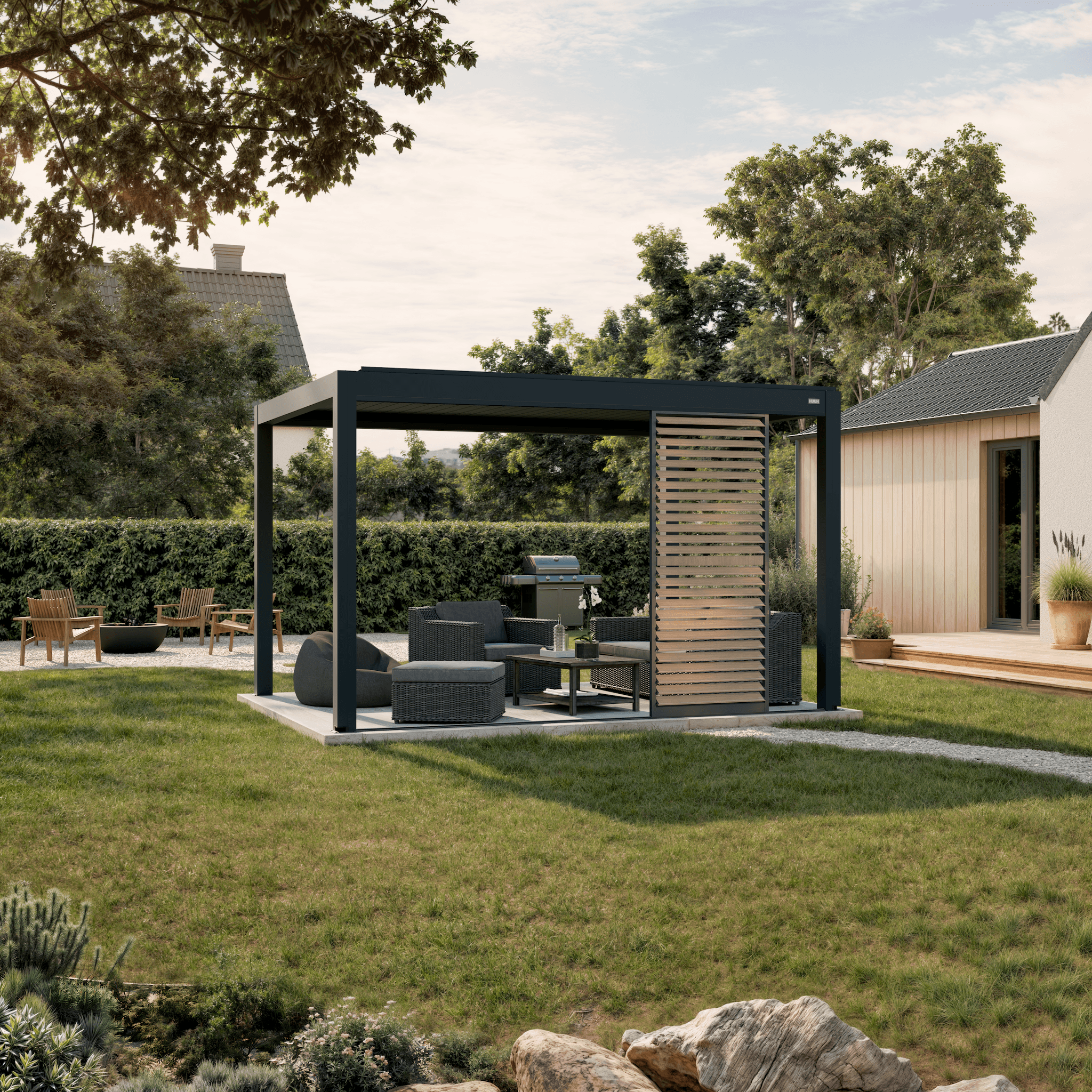 Anthracite louvered pergola with wood-look sliding shutter panel