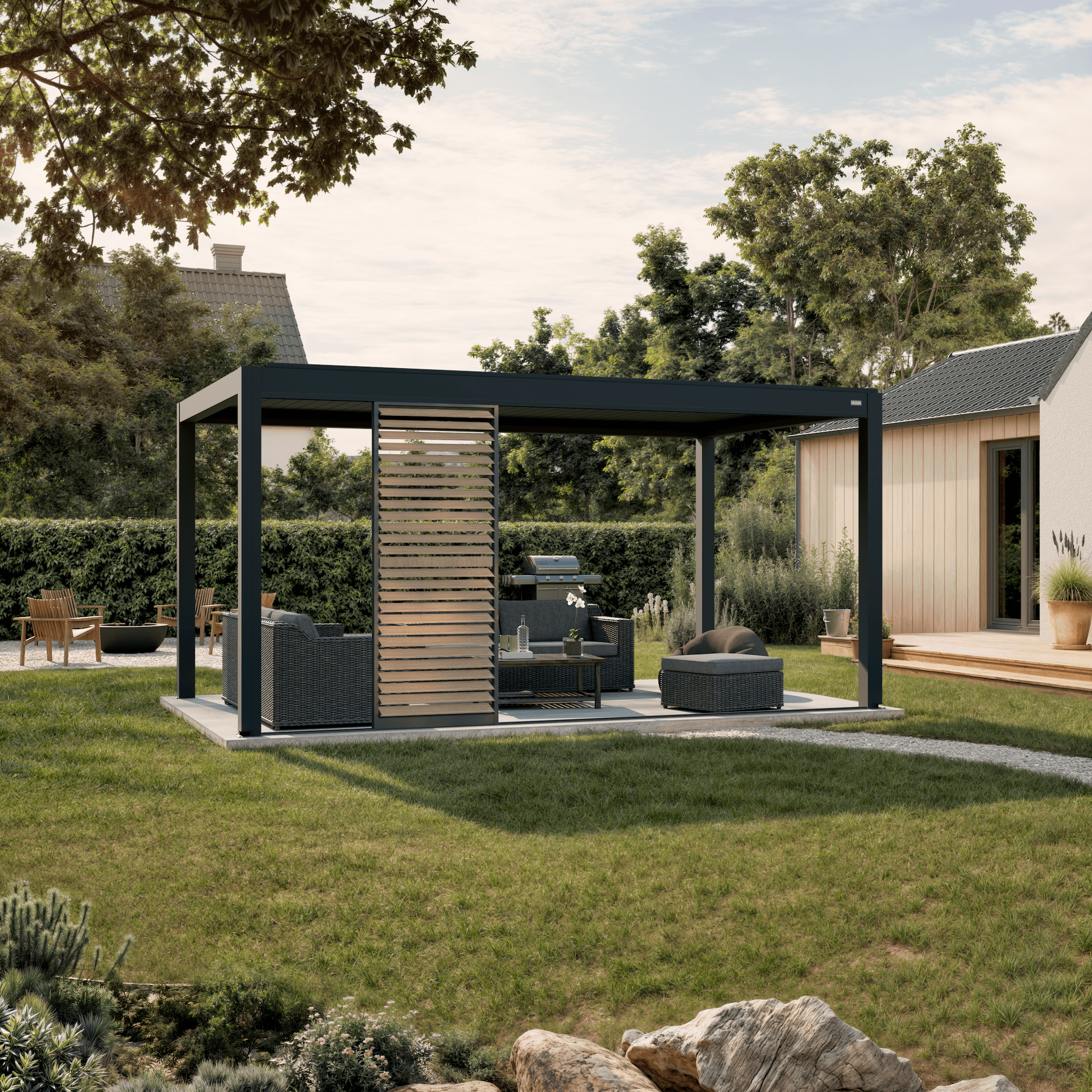 Louvered pergola with sliding shutter in a landscaped garden