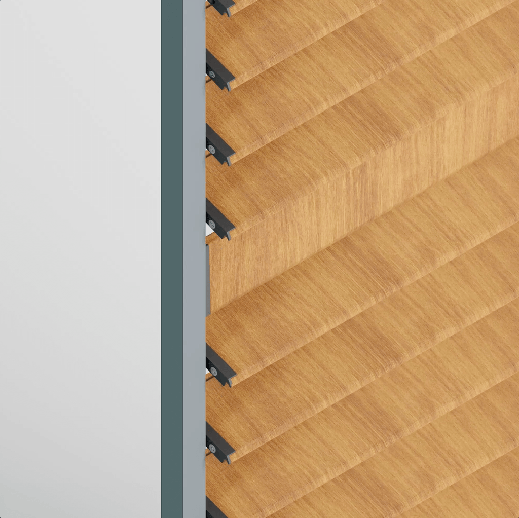 Wood-look sliding shutter louver detail on an aluminum frame