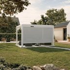 Solar retractable side screen, 13' in white, on an aluminum pergola