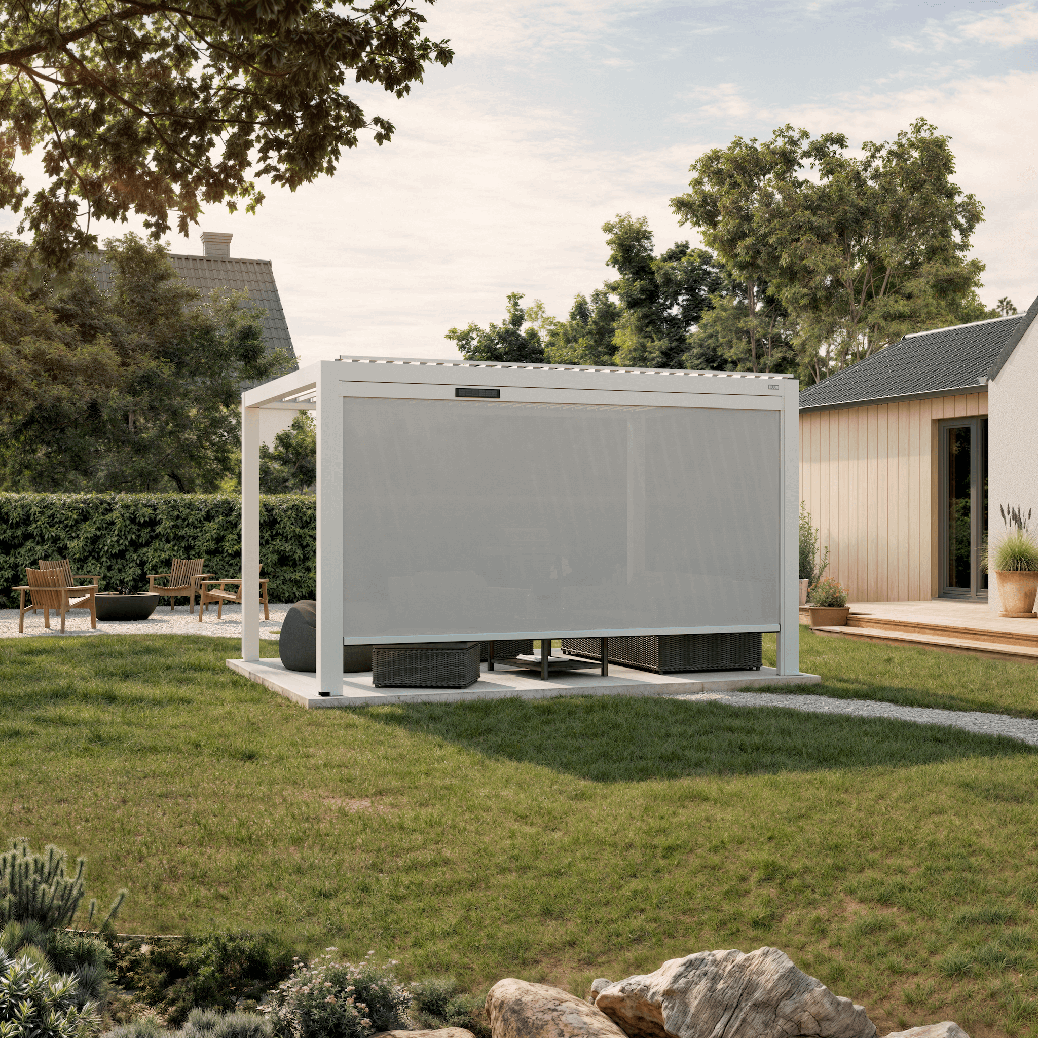 Solar retractable side screen, 13' in white, on an aluminum pergola