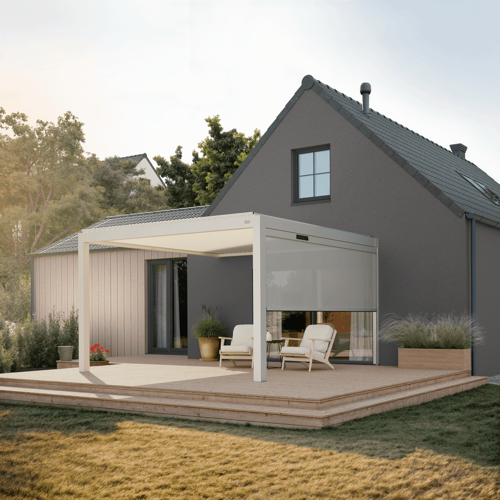 Solar retractable side screen, 13' in white, on an aluminum pergola