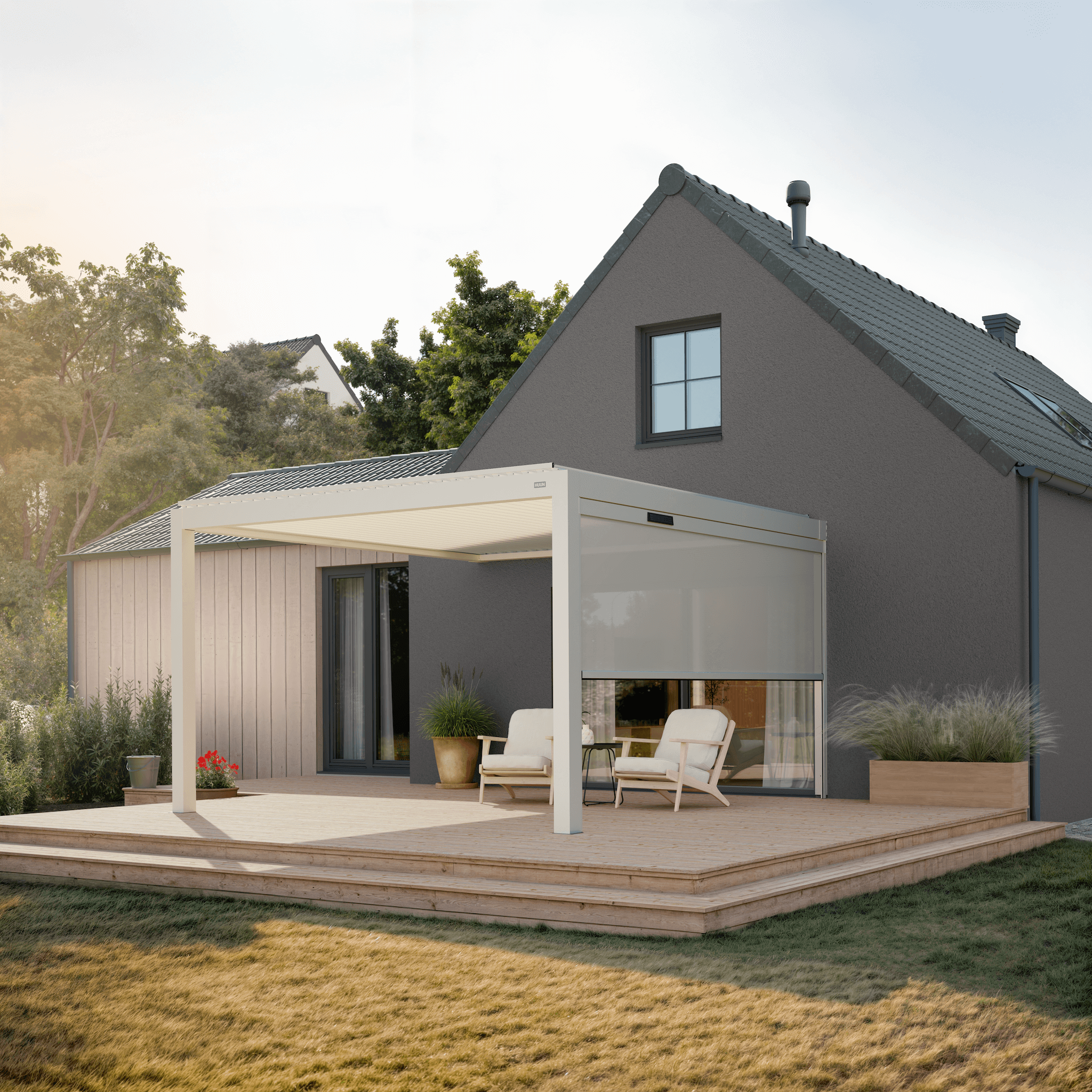 Solar retractable side screen, 13' in white, on an aluminum pergola