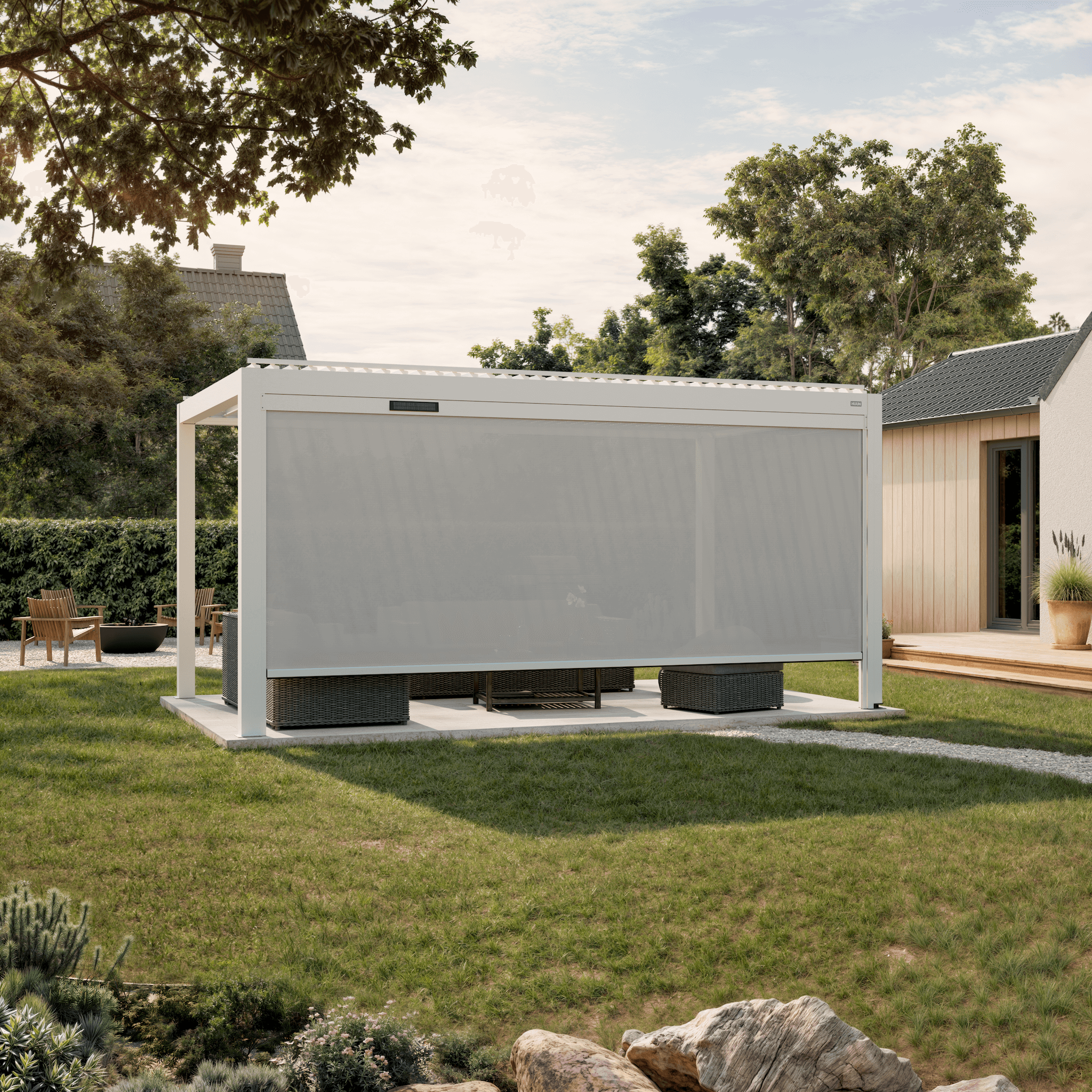 Solar retractable side screen, 16' in white, on an aluminum pergola