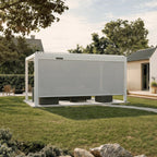 Solar powered side screen on a white louvered pergola in a garden